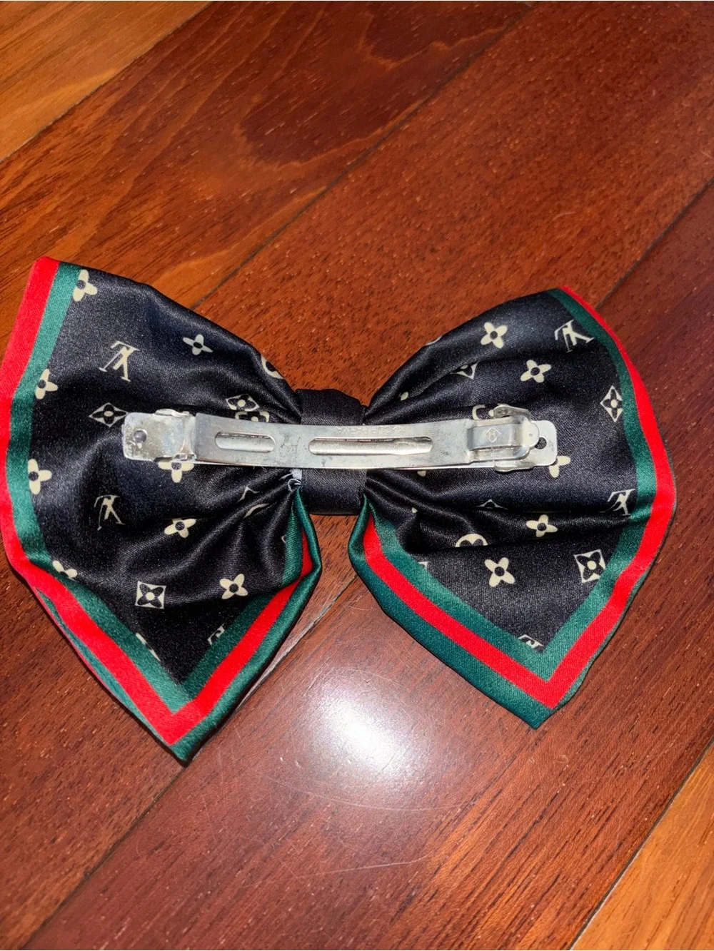 Designer-Style Black Satin Bow Hair Clip with Red & Green Trim